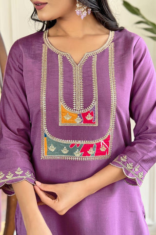 Lavender Viscose Slub Embroidery Kurta Set_Kumari Sarees