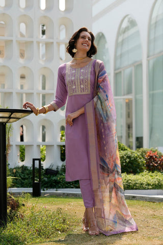 Lavender Tissue With Floral Print and Embroidery Kurta Set_Kumari Sarees