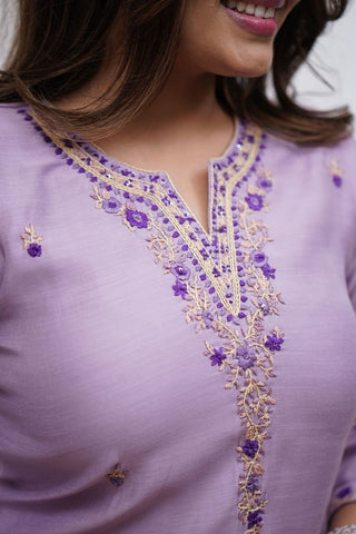 Lavender Soft Reyon Slub Embroidered Kurta Set