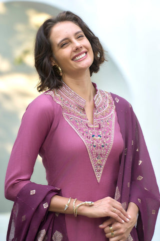 Lavender Chanderi Jcard With Embroidery Kurta Set_Kumari Sarees