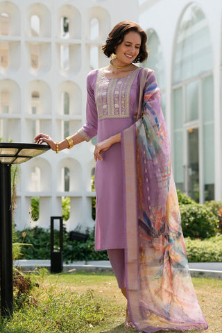 Lavender Tissue With Floral Print and Embroidery Kurta Set_Kumari Sarees
