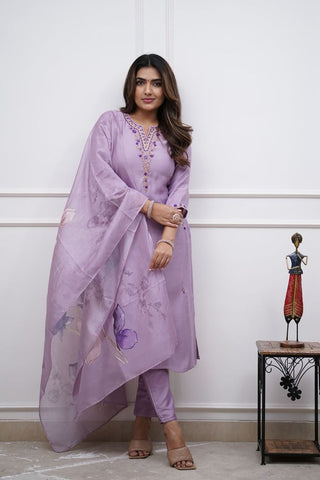 Lavender Soft Reyon Slub Embroidered Kurta Set