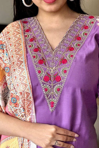 Lavender Viscose Chanderi With Embroidered Kurta Set_Kumari Sarees