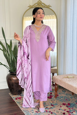 Lavender Viscose Slub Embroidery Kurta Set_Kumari Sarees