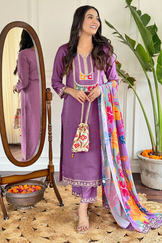 Lavender Viscose Slub Embroidery Kurta Set_Kumari Sarees
