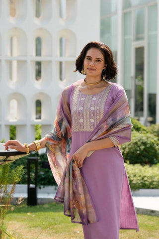 Lavender Tissue With Floral Print and Embroidery Kurta Set_Kumari Sarees