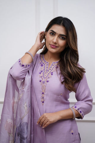 Lavender Soft Reyon Slub Embroidered Kurta Set