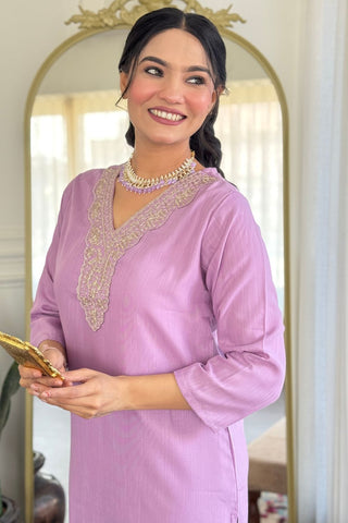 Lavender Viscose Slub Embroidery Kurta Set_Kumari Sarees