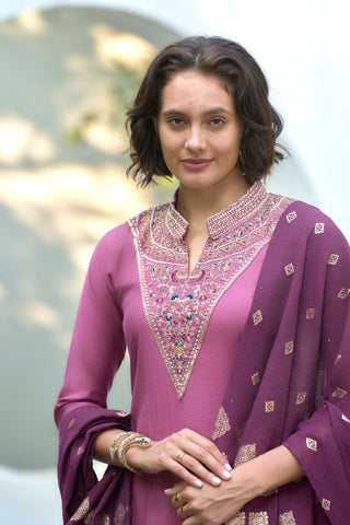 Lavender Chanderi Jcard With Embroidery Kurta Set_Kumari Sarees