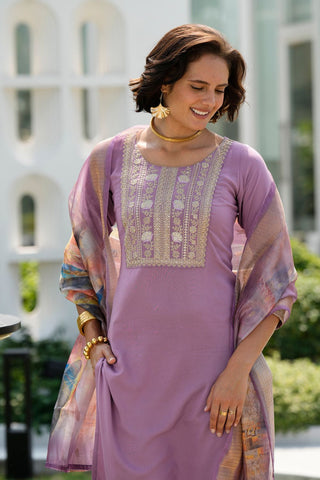Lavender Tissue With Floral Print and Embroidery Kurta Set_Kumari Sarees