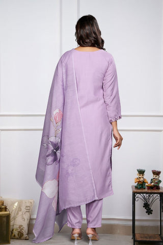 Lavender Soft Reyon Slub Embroidered Kurta Set