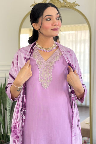 Lavender Viscose Slub Embroidery Kurta Set_Kumari Sarees
