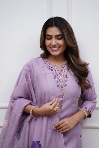 Lavender Soft Reyon Slub Embroidered Kurta Set
