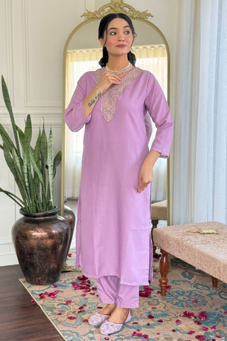 Lavender Viscose Slub Embroidery Kurta Set_Kumari Sarees