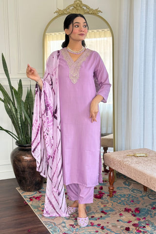 Lavender Viscose Slub Embroidery Kurta Set_Kumari Sarees