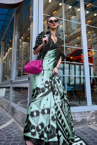 LIGHT BLUE & BLACK JAPAN SATIN PRINT SAREE