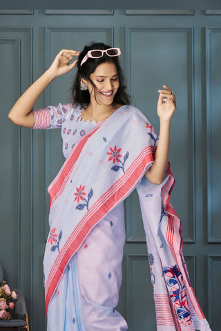 LIGHT BLUE HANDLOOM LINEN SAREE