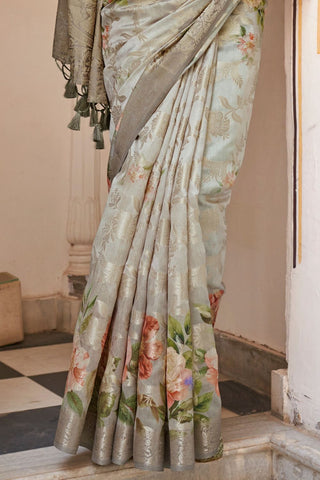 Light Blue Soft Cotton Silk With Floral Print Saree