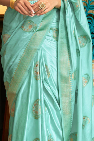 LIGHT BLUE NYLON PURE SATIN WEAVING SILK SAREE