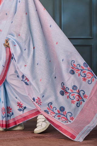 LIGHT BLUE HANDLOOM LINEN SAREE