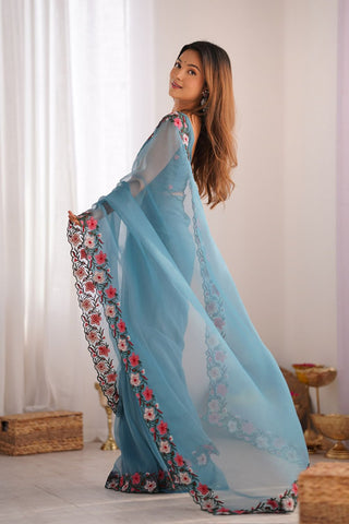 Light Blue Gold Crush With Multi Embroidery Work Saree