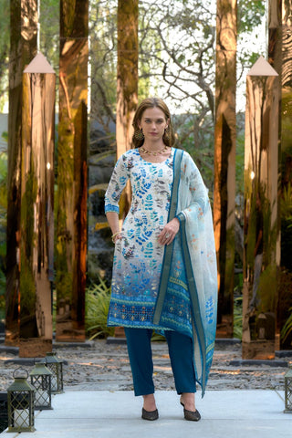Light Blue Cotton With Print Kurta Set