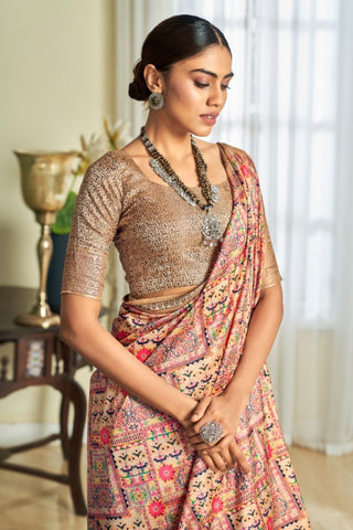 Light Brown Satin Silk With Zari Weaving Border Saree