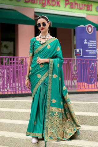 LIGHT GREEN PURE SATIN HANDWOVEN SAREE