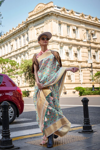 LIGHT GREEN PRINT SATIN ORGANZA WEAVING SAREE