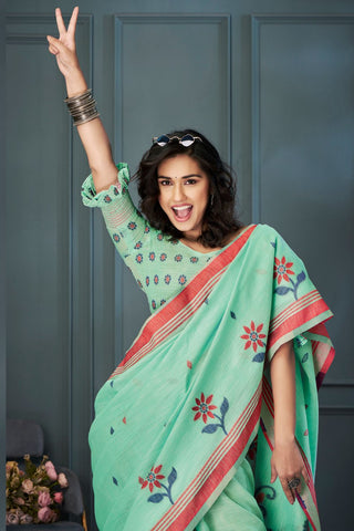 LIGHT GREEN HANDLOOM LINEN SAREE