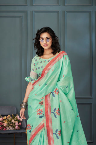 LIGHT GREEN HANDLOOM LINEN SAREE