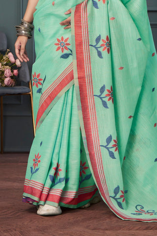 LIGHT GREEN HANDLOOM LINEN SAREE