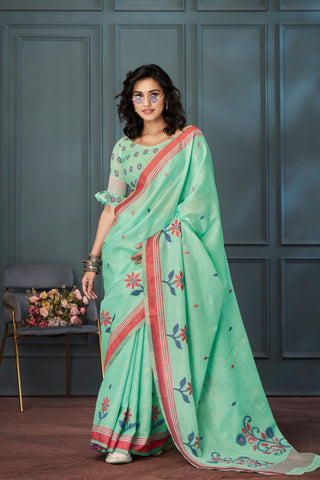 LIGHT GREEN HANDLOOM LINEN SAREE