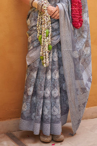 Light Grey Handloom Tussar Linen Saree_Kumari Sarees