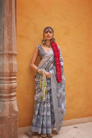 Light Grey Handloom Tussar Linen Saree_Kumari Sarees