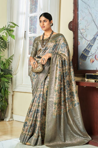 Light Grey Satin Silk With Zari Weaving Border Saree