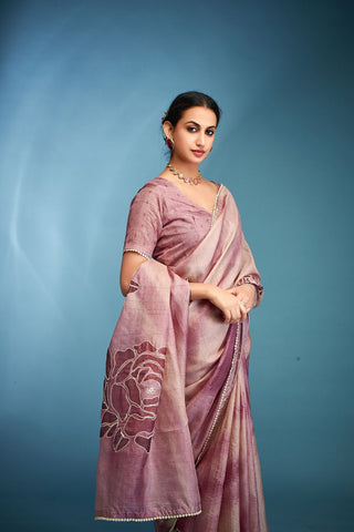 Light Maroon Tussar Saree With Hand Based Work