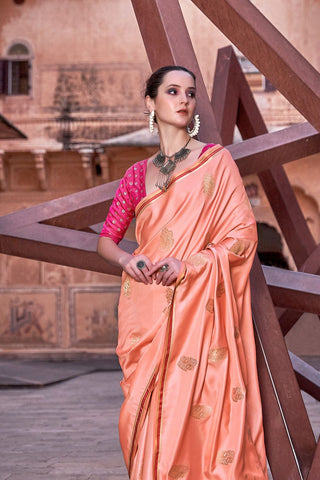 Light Orange Pure Satin With Zari Weaving Saree