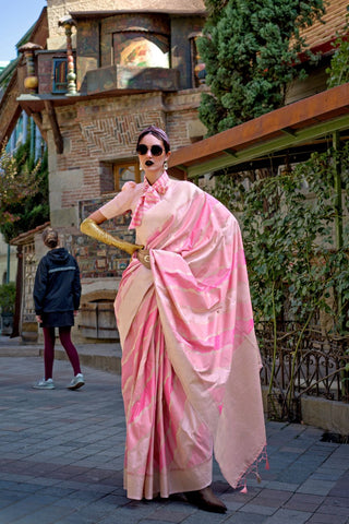 Light Pink Katan Silk Handloom Weaving Saree