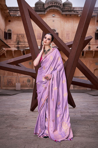 Light Purple Pure Satin With Zari Weaving Saree