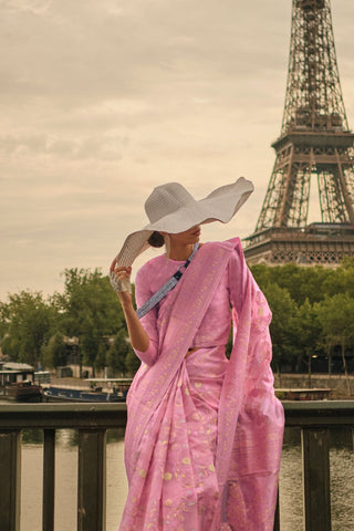 Light Pink Kashmiri Organza Handloom Weaving Saree