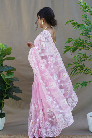 LIGHT PINK ORGANZA SILK SAREE