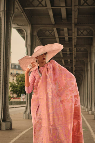 Light Pink Kashmiri Organza Handloom Weaving Saree