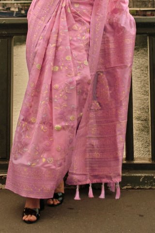 Light Pink Kashmiri Organza Handloom Weaving Saree