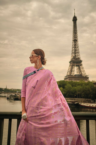 Light Pink Kashmiri Organza Handloom Weaving Saree