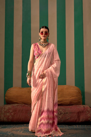 Light Pink Spun Handloom Weaving Silk Saree