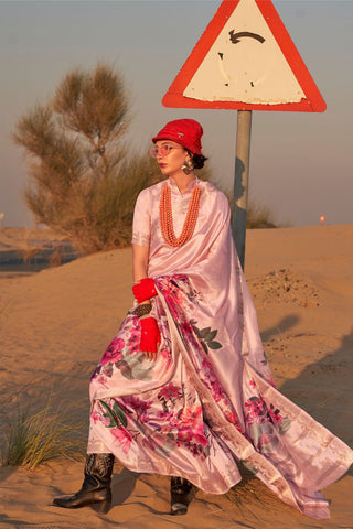 Light Pink Handwoven Tussar Silk Saree With Blouse