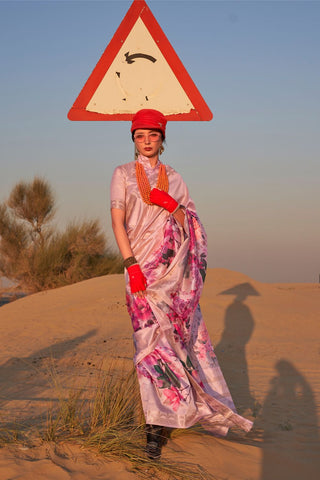 Light Pink Handwoven Tussar Silk Saree With Blouse