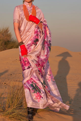 Light Pink Handwoven Tussar Silk Saree With Blouse