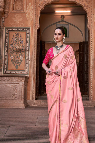 Light Pink Pure Satin With Zari Weaving Saree